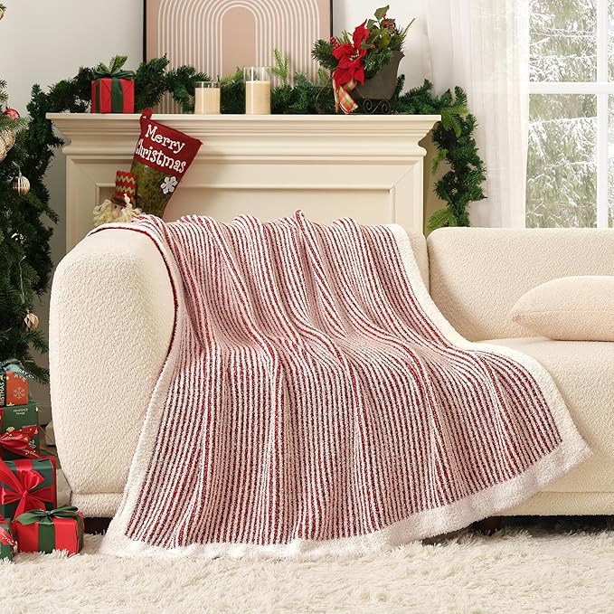 Snuggle Sac Christmas Soft Throw Blanket for Couch, Fuzzy Microfiber Knit Stripe Blankets for Couch, Sofa, Travel, Red Cream, 50x60 inches