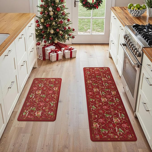 GENIMO Christmas Decorations - Kitchen Mats for Floor, 2PCS Christmas Kitchen Rugs, Cushioned Anti Fatigue Mat for Home Decor, Waterproof Non Slip Standing Mat for Laundry, 17.3"x59"+17.3"x30", Red