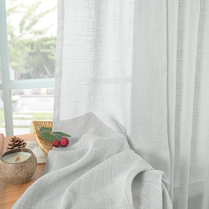 YoungsTex Light Grey Linen Curtains 72 Inch Length for Living Room, Semi Sheer Window Drapes Textured Light Filtering with Rod Pocket Back Tab for Bedroom, 2 Panels, 52 X 72 Inch