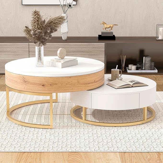 Modern Round Lift-top Nesting Coffee Tables with 2 Drawers for Living Room White & Natural