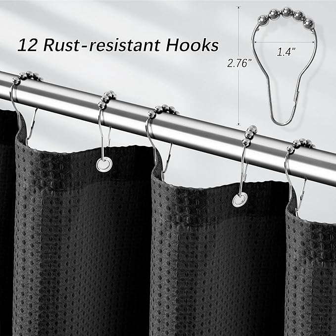 Extra Long Shower Curtains 96 inch Black Waffle, Heavy Duty 256GSM Modern Shower Curtain for Bathroom, Machine Washable,Water Resistant with 12 Metal Hooks, 72Wx96H
