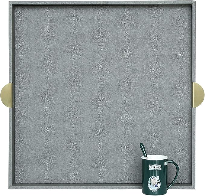 HofferRuffer Extra Large Square Serving Tray, Elegant Faux Leather Ottoman Tray with Gold Hardware Handles, Serve Tea, Coffee or Breakfast in Bed, 23.6 x 23.6 inches (Large Square)