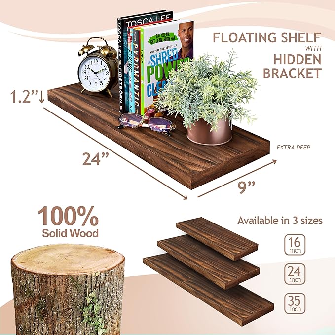 Sorbus Wood Floating Shelves for Wall - 24” Solid Wood Wall Shelves for Bathroom Decor, Books, Bedroom & Living Room - Set of 2 Walnut Wall Mounted Kitchen Shelves - Durable Solid Pine