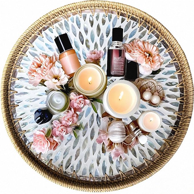 i-lan Mother of Pearl Inlay and Natural Wicker Mixed 16Inch Round Decorative Serving Platter,Rattan Coffee Bread Serving Display Tray with Sea Blue MOP Inlay for Table Decor,Storage of Fruit,Candy.