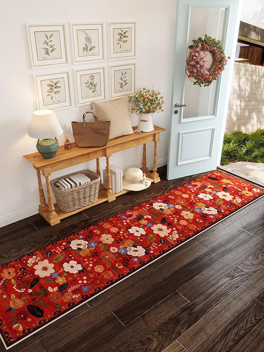Rugcomf Runners for Hallways Kitchen Runner Rug Non Slip 2'x 10' Long Washable Rugs with Rubber Backing Soft Floral Carpet Runner for Hallways, Kitchen, Laundry, Bedroom, Bathroom(Red)