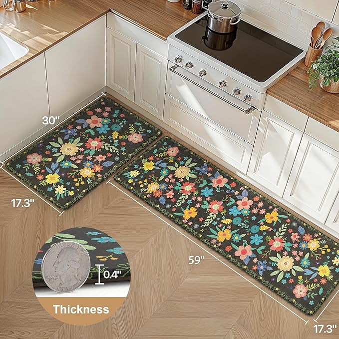GENIMO Kitchen Mats for Floor 2PCS, Cushioned Kitchen Rugs Non Slip Washable, Farmhouse Anti Fatigue Mat Waterproof, Comfort Standing Mat Rug for Office, Home, Laundry, 17.3"x59"+17.3"x30", Black