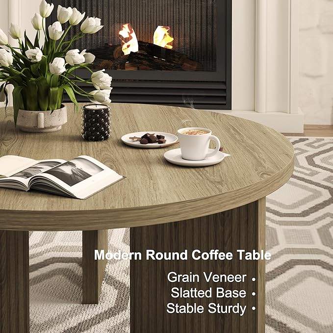 Wooden Round Coffee Table, 35" Coffee Table with Smooth Thick Mesa, Low Circle Center Table with X Shaped Stable Legs, Accent Tea Table for Living Room, Office, Walnut