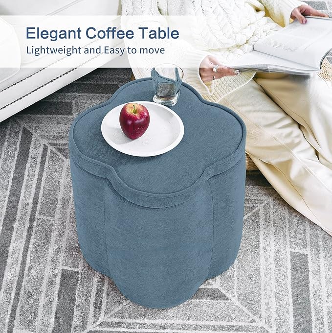 Crestview Collection Flower Pouf Ottoman with Storage,Chenille Fabric Foot Rest for Couch, Small Mordern Footstool for Vanity, Bedroom, Living Room,Under Desk, Navy Blue,18 inches
