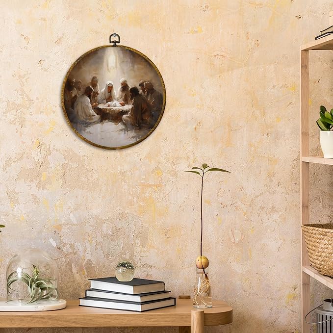 CUANFDDSF Christian Christmas Nativity Round Wall Art Decor, Vintage Jesus Nativity Wall Hanging Frame Decor, Religious Christmas Canvas Prints Decorations for Home Bedroom Church, 10x10 Inch