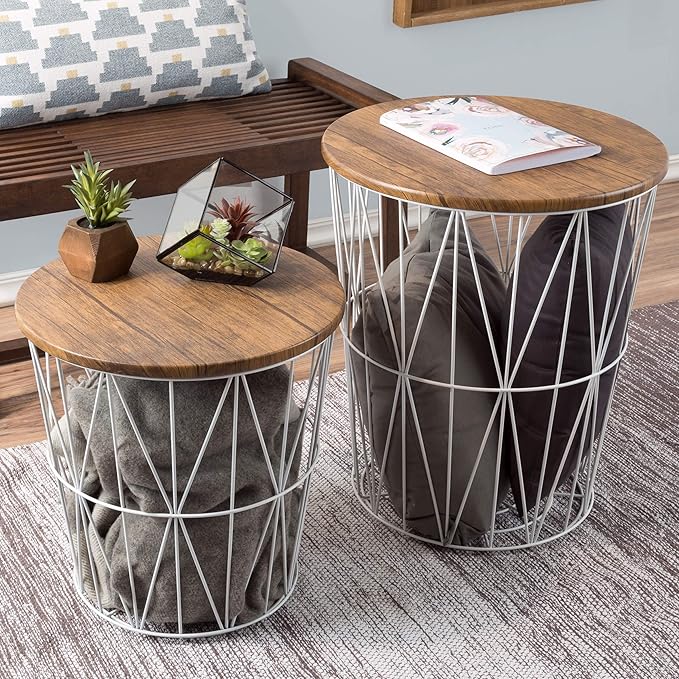 End Tables Set of 2 - Nesting Tables with Removable Wood Tops and Metal Wire Baskets for Blanket Storage - Round Side Furniture for Living Room, Bedroom, or Home Office by Lavish Home (Brown/White)