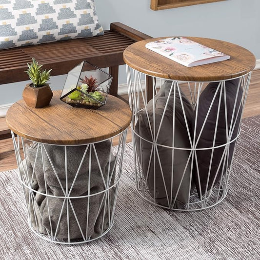 End Tables Set of 2 - Nesting Tables with Removable Wood Tops and Metal Wire Baskets for Blanket Storage - Round Side Furniture for Living Room, Bedroom, or Home Office by Lavish Home (Brown/White)