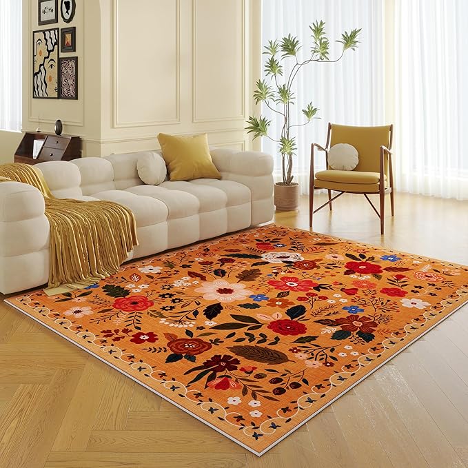 Rugcomf Living Room Rug 5x7 Rug Machine Washable Boho Area Rug Non Slip Floral Vintage Low Pile Large Rugs for Living Room, Bedroom, Farmhouse, Dining Room, Kids Playroom(Yellow)