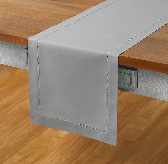 Solino Home Cotton Linen Light Grey Table Runner 72 Inches Long - Hemstitch Table Runner 14 x 72 Inch for Dresser, Dining, Fall, Autumn, Halloween, Thanksgiving, Christmas, Holiday