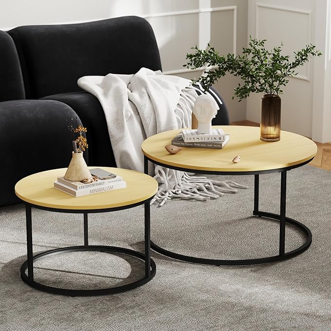 Nesting Tables Set of 2, 31.5" Round Coffee Table, Small Nesting Coffee Table with Adjustable Non-Slip Fee, Wood Grain Top Nesting Tables for Living Room, Bedroom (Wood Grain Light Brown)