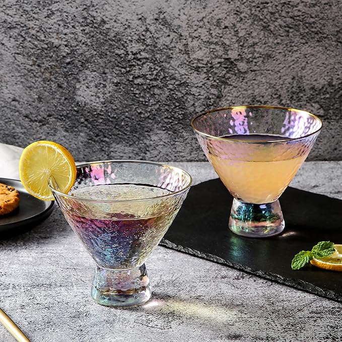 Lysenn Iridescent Stemless Martini Glasses Set of 4 - Premium Hammered Cocktail Glasses for Weddings, Anniversary, Christmas, Party - 7.7oz
