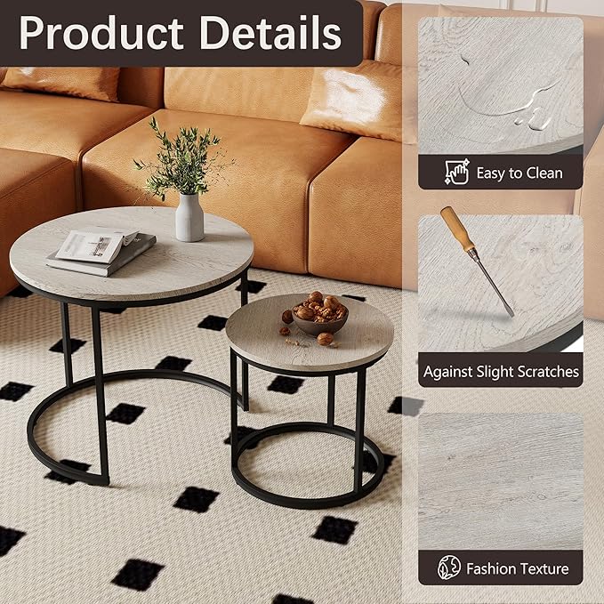 Nesting Tables Set of 2, Wood Grain Grey Round Coffee Table, Small Nesting Coffee Table with Adjustable Non-Slip Fee, Wood Grain Top Nesting Tables for Living Room, Bedroom