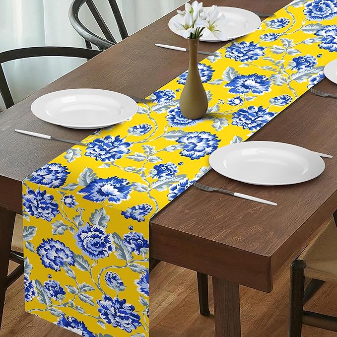 Decozen Table Runner - Japanese Print Floral Design Perfect for Kitchen Dining Room Home Decor Console Table Farmhouse - Yellow