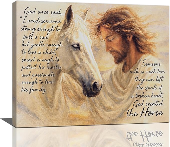 Horse Wall Art Christian Jesus Canvas Wall Decor Scripture Pictures Christ Paintings Prints Religious Bible verse Artwork Framed Decorations For Church Prayer Room Bathroom Bedroom Living Room Gifts 20" x 16"