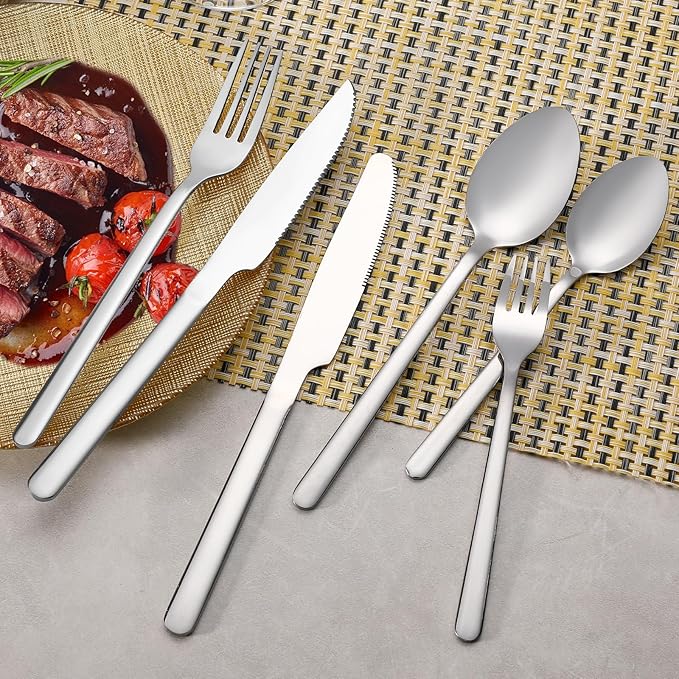 24 Pcs Silverware Set with Steak Knives, Stainless Steel Flatware Set for 4, Food-Grade Cutlery Set, Mirror Polished Tableware Eating Utensils Set for Kitchen, Knife Fork Spoon Set, Dishwasher Safe