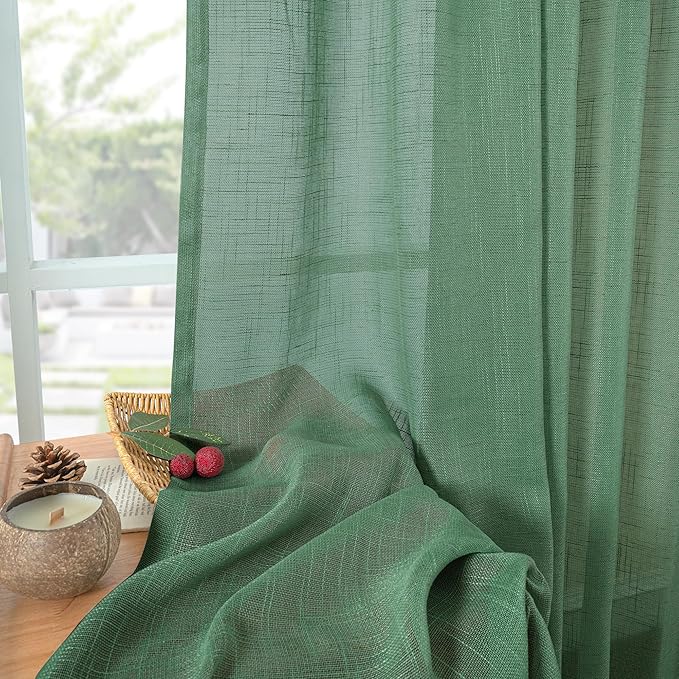 YoungsTex Green Linen Semi Sheer Curtains 63 Inch Length for Living Room Window, Light Filtering Drapes Rustic Textured with Rod Pocket Back Tab for Bedroom, 2 Panels, 42 X 63 Inch