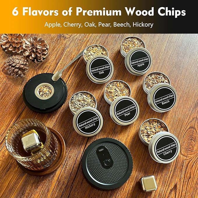 Electric Whiskey Smoker Kit–Rechargeable Cocktail Smoker Kit with Built-in Lighter, 6 Wood Chip Flavors–Old Fashioned Smoker Kit, Bourbon Smoker Kit–Gifts for Men, Dad, Husband, Home Bar Accessories