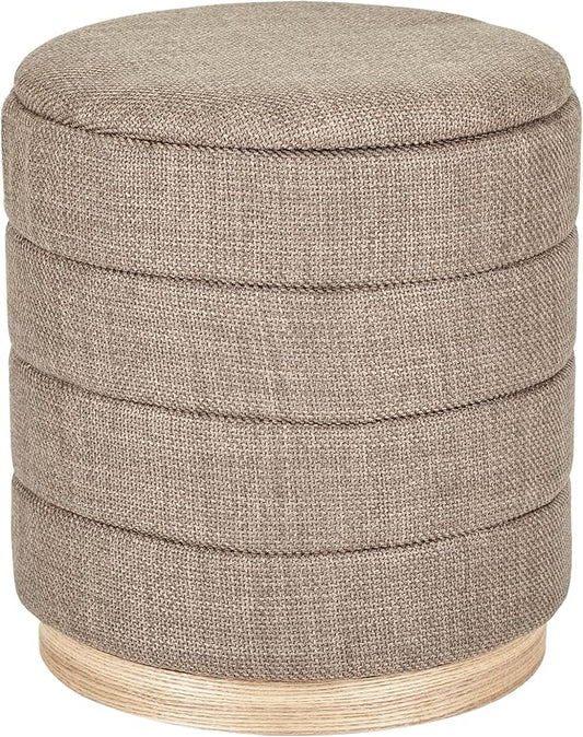 Round Ottoman with Storage – Elegant Durable Linen Upholstered Footrest Bench for Living Room, Cylinder Vanity Stool – Brown