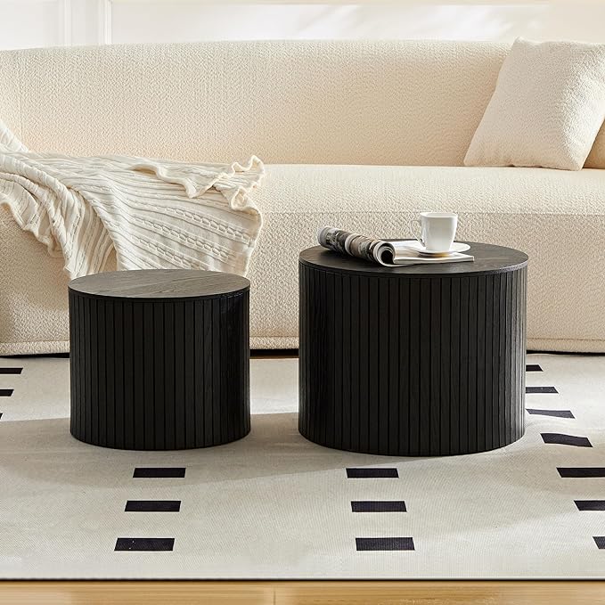 Round Storage Side Table Set of 2, Nesting Coffee Tables with Hidden Storage, Modern Wood Accent End Table for Living Room, Bedroom, Small Space, Minimalist Bedside Table, No Assembly(Black)