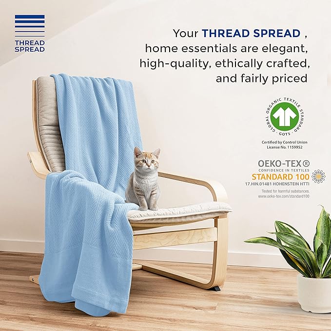 THREAD SPREAD Organic GOTS Cotton Blanket, Full/Queen - 350 GSM, Antistatic, Fuzzy Soft, Lightweight, Sofa, Camping & Travel, Perfect Herringbone All Seasons Throw, Light Blue with Free Tote Bag