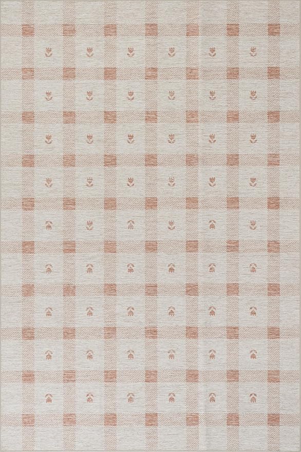 Dash & Albert Zale Peach Machine Washable Rug, 3 X 5 Feet, Oranges/White Plaid Pattern