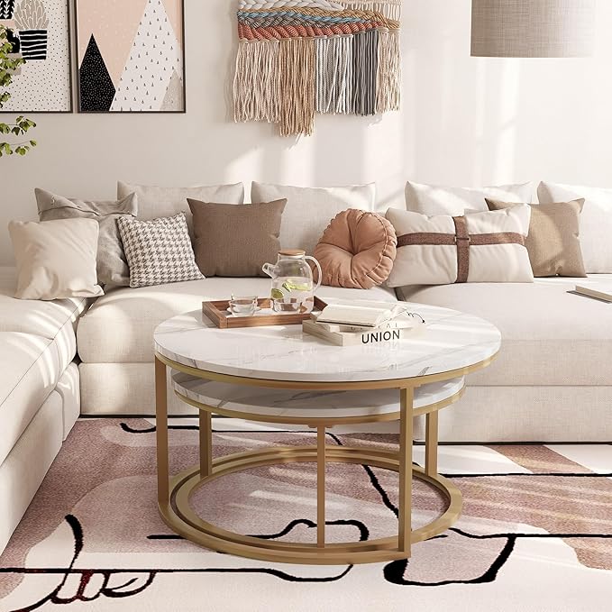 WiberWi Round Coffee Table Nesting Tables Set of 2, Large : Ø 34.0", Small : Ø 26.0", Modern Design Coffee Tables for Living Room, Gold Metal Frame Circle Cocktail Table, High Glossy Faux White Marble
