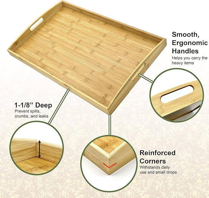 Bam & Boo Natural Bamboo Serving Tray Extra Large Rectangular with Handles for Food, Drinks, Storage, Decor, Vanity, Breakfast, Parties, Weddings, Picnics(23.6” x 15” x 2.35”, Natural)