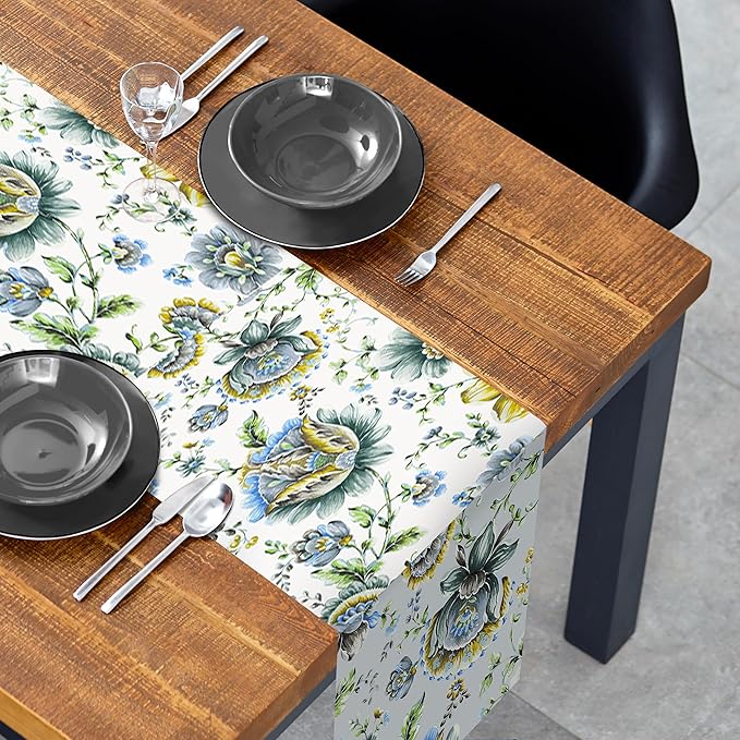 Decozen Table Runner - Japanese Print Floral Design Perfect for Kitchen Dining Room Home Decor Console Table Farmhouse - White