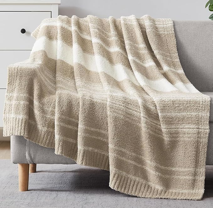 WRENGONGE Khaki Throw Blanket, 50x70 Soft Cozy Striped Throw Blankets for Couch, Sofa, Bed, Travel, Lightweight Fluffy Warm Plush Decorative Blankets for Women, Men,Kids Gift