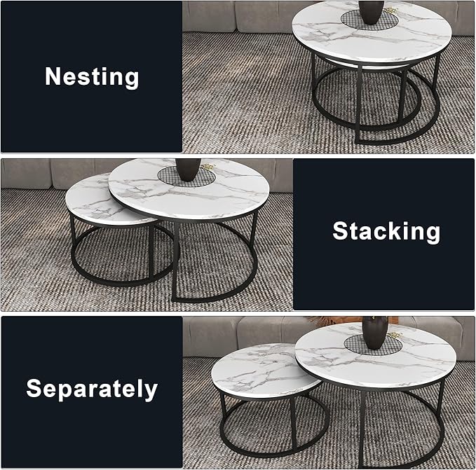 Nesting Coffee Table Set of 2, 31.5" Round Coffee Table Wooden Marble Pattern Accent Furniture, Industrial End Table for Living Room Bedroom Balcony (White/Black)