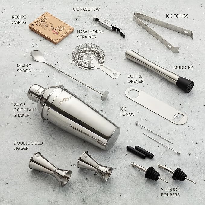 Mixology & Craft Bartender Kit: 14-Piece Cocktail Shaker Set - Bar Tool Set for Home and Professional Bartending - Martini Shaker Set with Drink Mixing Bar Tools - Exclusive Cocktail Recipes Bonus