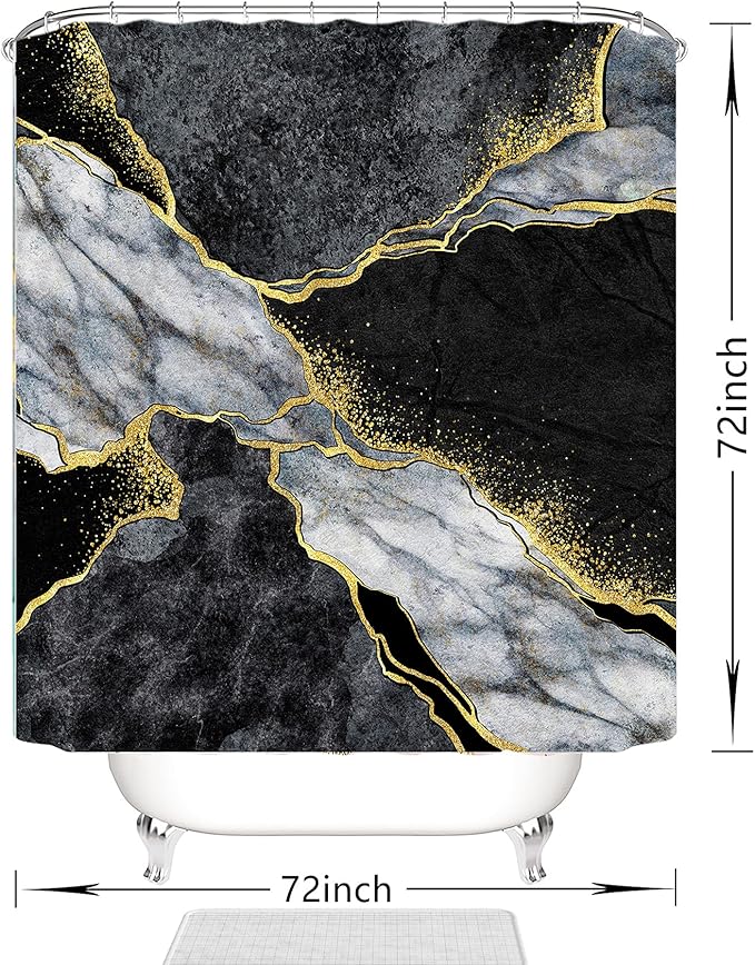 Domoku Black Gold Marble Shower Curtain, Modern Abstract Design, Waterproof Washable Fabric, 72 X 72