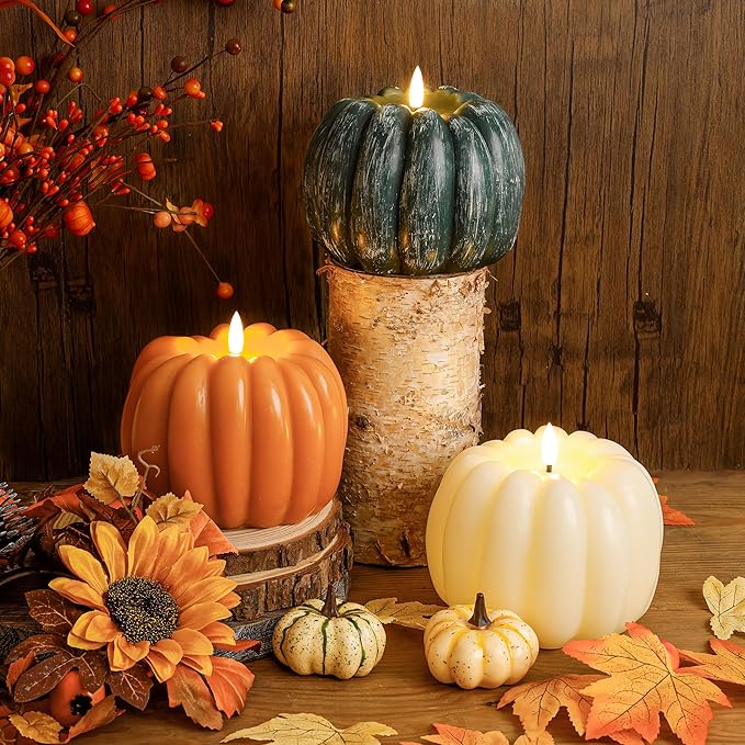 Fall Flameless Led Pumpkin Candles with Remote, Real Wax Pumpkin Shaped Battery Operated Flickering Candles with Timer for Thanksgiving Decor, Fall Home Decor, Halloween Decorations, Orange