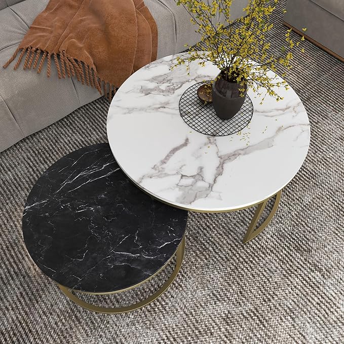 Nesting Coffee Table Set of 2, 31.5" Round Coffee Table Wooden Marble Pattern Accent Furniture, Industrial End Table for Living Room Bedroom Balcony (WhiteBlack/Gold)