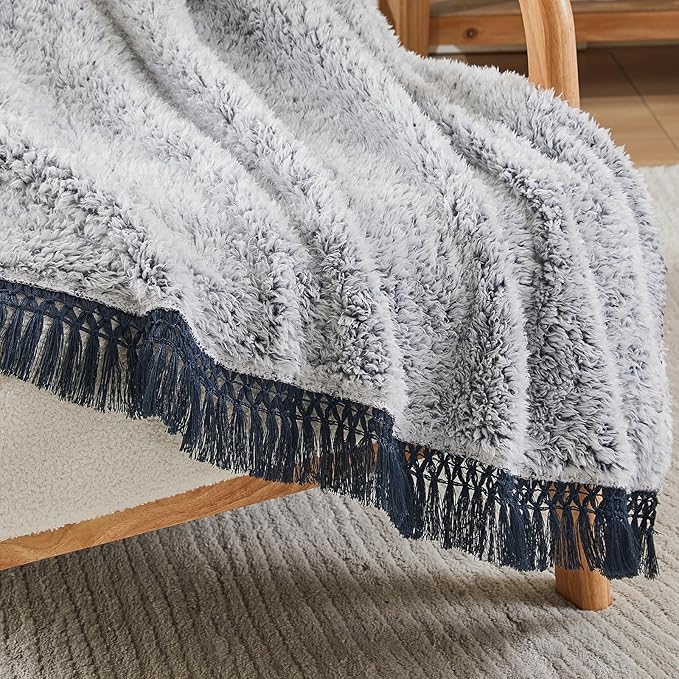 EMME Soft Sherpa Fleece Blanket with Tassel, Reversible Plush Fluffy Large Blanket, Light Weight Warm Decorative Boho Blanket Cover for Sofa, Couch, Bedroom,Travel(Tassel Navy,90"x90")