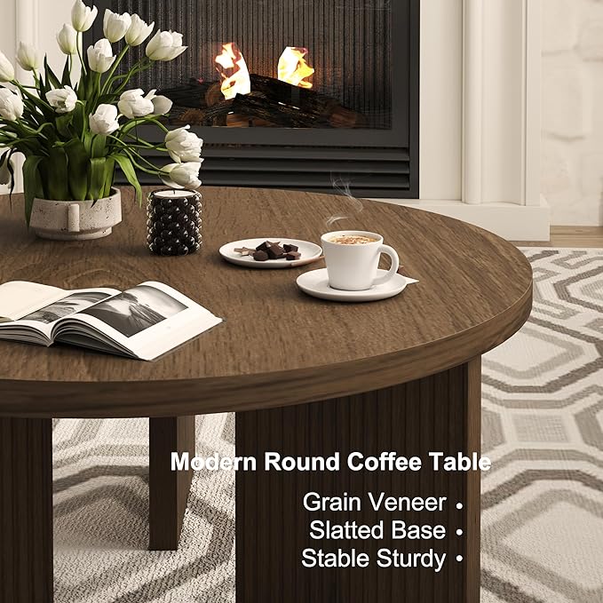 Wooden Round Coffee Table, 35" Coffee Table with Smooth Thick Mesa, Low Circle Center Table with X Shaped Stable Legs, Accent Tea Table for Living Room, Office, Brown