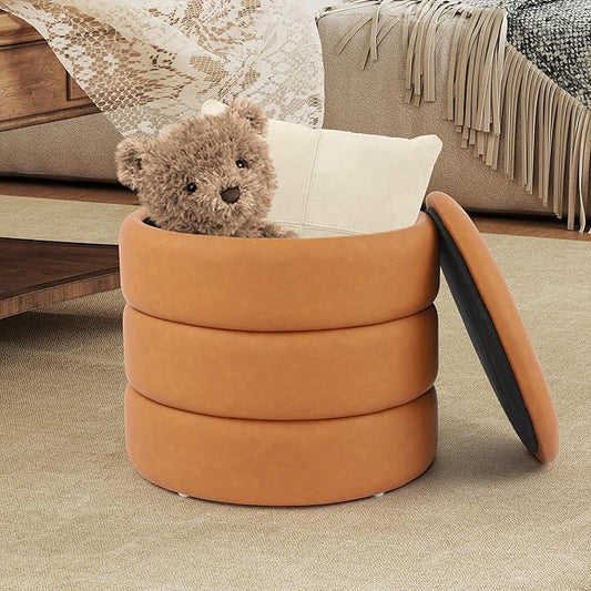 DAGONHIL Round Storage Ottoman PU Leather Footrest, Hidden Storage Ottoman Stool, Multi-Functional Coffee Table for Living Room, Bedroom, Entryway, Brown