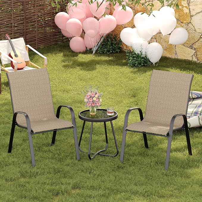 Amopatio 3 Piece Patio Set, Outdoor Stackable Dinging Chairs for All Weather, Breathable Garden Outdoor Furniture for Backyard Deck, Brown