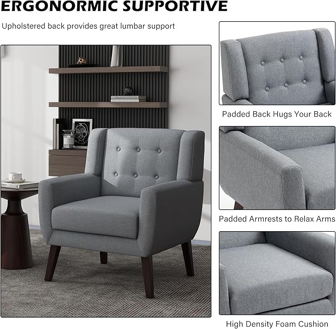 UIXE Accent Chair Modern Arm Chairs, Mid Century Upholstered Club Armchair, Comfy Single Lounge Sofa Living Room Button Tufted Armrest Reading Seat Bedroom Side Sitting for Home Office, Gray