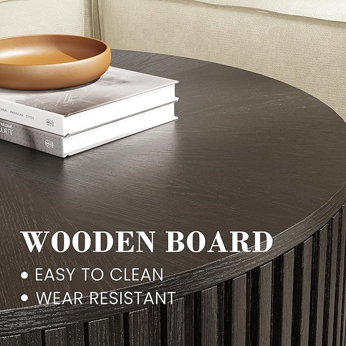 POVISON Round Coffee Table with Storage, Lift Top Coffee Table for Living Room, 39.37" Fluted Mid Century Modern Center Table for Home, Office, Black, Fully Assembled