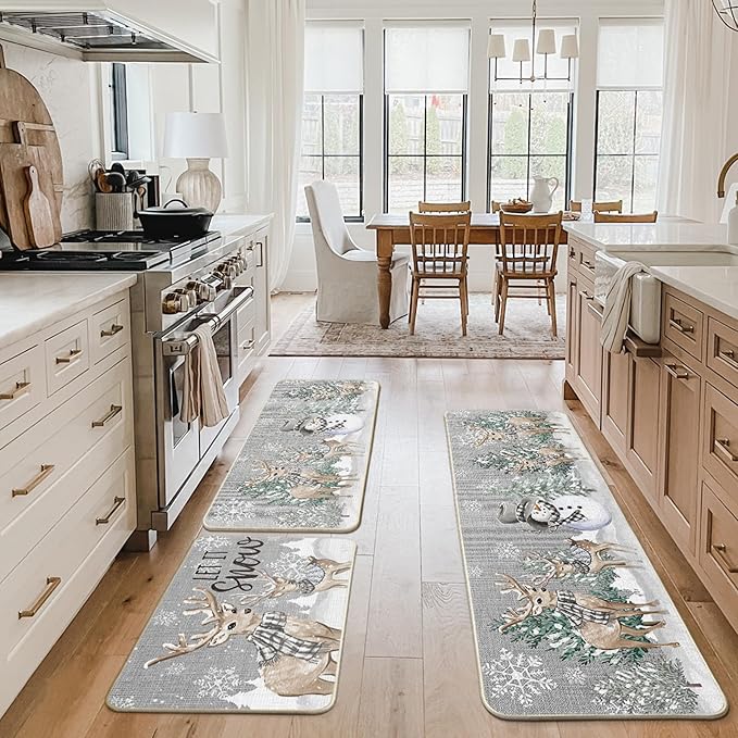 Artoid Mode Deer Tree Let It Sonw Snowflakes Christmas Kitchen Mats Set of 2, Winter Decor Low-Profile Kitchen Rugs for Floor - 24"x36"+24"x59"+24"x72"