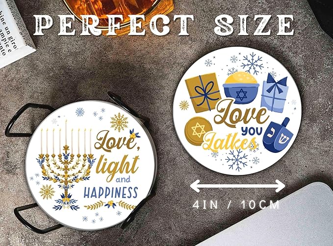 Onebttl Hanukkah Gifts Coaster - Set of 6 Ceramic Absorbent Coasters with Cork Base, Home Decor for Men & Women