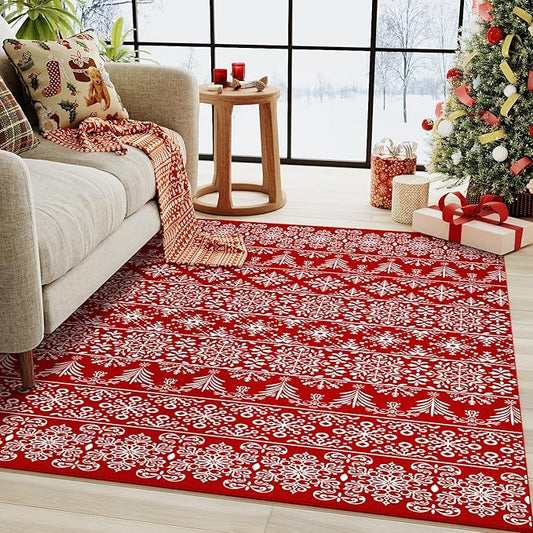 4x6 Area Rug Red Christmas Office Carpet Xmas Holiday Decor Doormat Snowflake Washable Non Slip Indoor Kitchen Accent Rug Decorative for Entryway Dining Room Kitchen