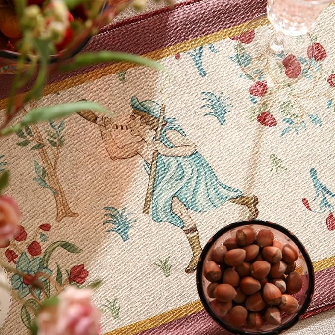 patdrea Designer Idyll Linen Extra Long Table Runner,Vintage Beige Farmhouse with Ancient Figure Fruit Trees Pattern Table Mat, Decoration for Kitchen Dining Paties Banquet Christmas ,16"*118"