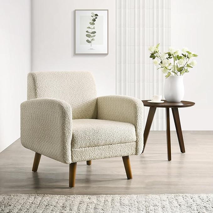 Ultra Comfortable Accent Chair with Deep Seat, Mid-Century Modern Boucle Upholstered Armchair with Rubberwood, Minimal Assembly Required, Cozy Armchair for Living Room or Bedroom (Beige, Single 1)