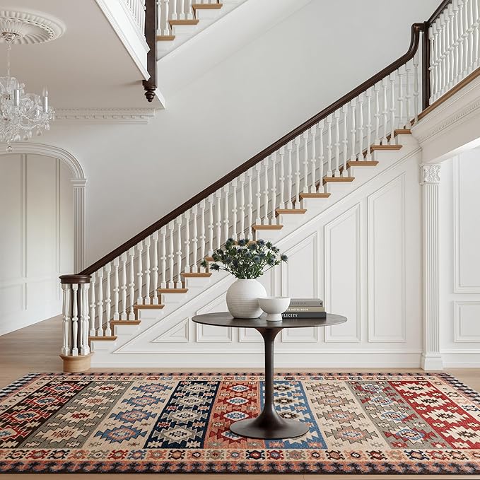 Dash & Albert Balsam Kilim Multi Machine Washable Rug, 8.5 X 11.5 Feet, Red Geometric Pattern